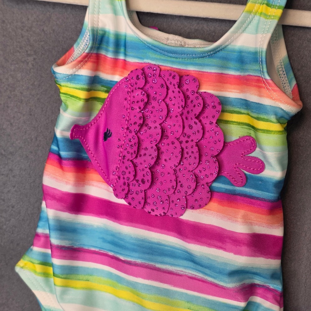 Gymboree Girls Rainbow Striped Fish One Piece Swimsuit 6-12M Bow Back